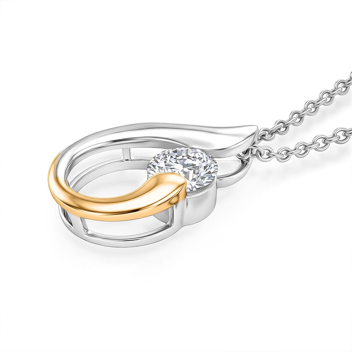 D'Joy - Moissanite Solitaire Pendant in Yellow Gold Plated & Platinum Overlay Sterling Silver with Chain (Size 20) 1.00 Ct.