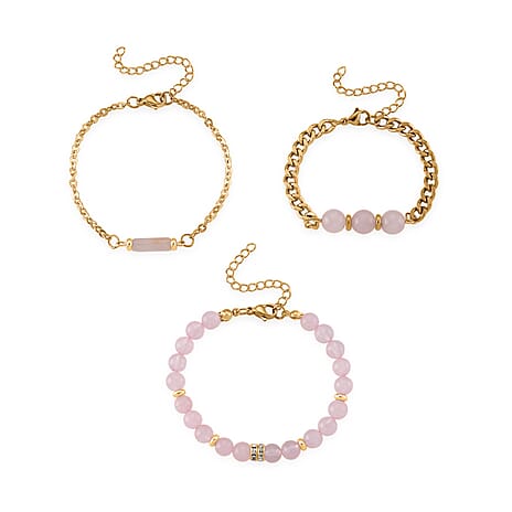 Set of 3 - Rose Quartz Beads Adjustable Bracelet (Size - 7-2 Ext) in Yellow Gold Tone 50.00 Ct.