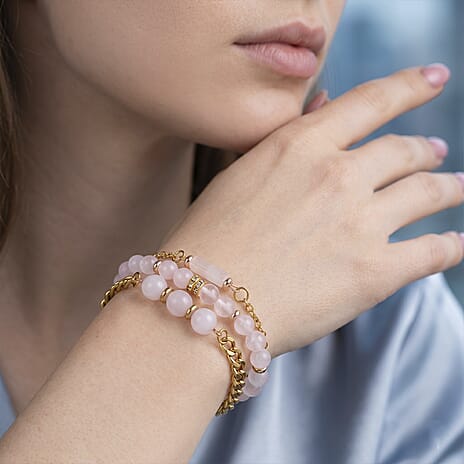 Set of 3 - Rose Quartz Beads Adjustable Bracelet (Size - 7-2 Ext) in Yellow Gold Tone 50.00 Ct.