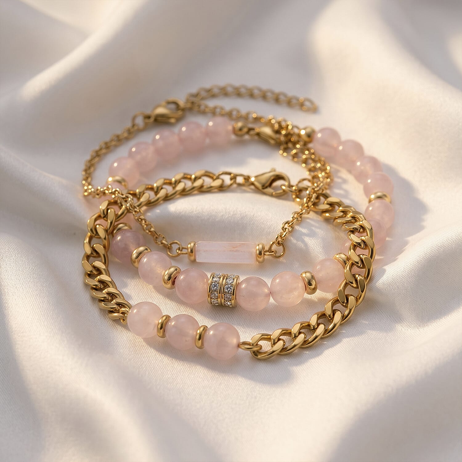 Set of 3 - Rose Quartz Beads Adjustable Bracelet (Size - 7-2 Ext) in Yellow Gold Tone 50.00 Ct.