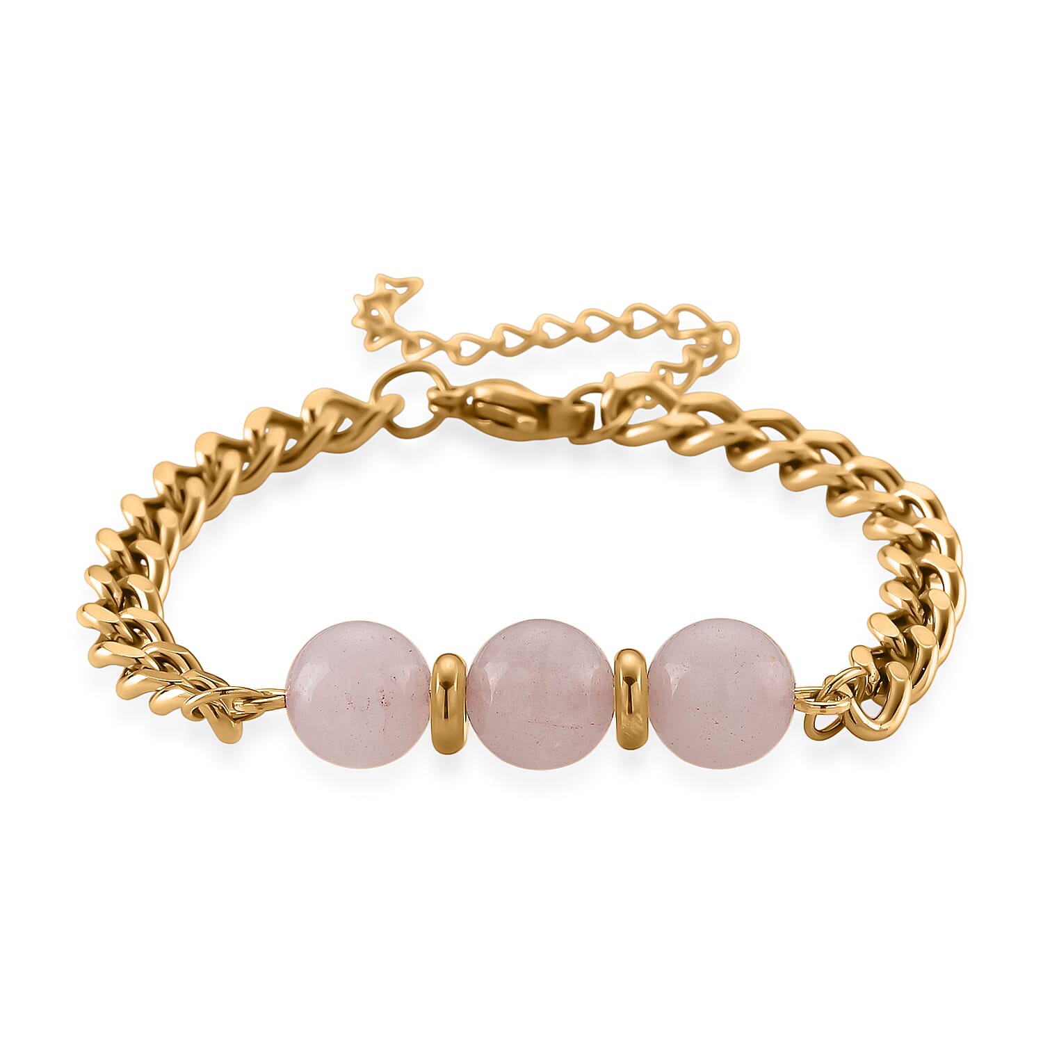 Set of 3 - Rose Quartz Beads Adjustable Bracelet (Size - 7-2 Ext) in Yellow Gold Tone 50.00 Ct.