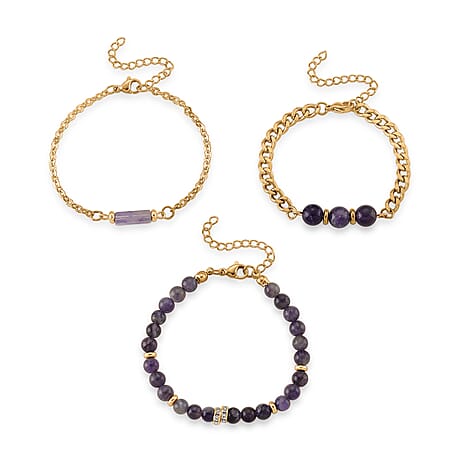 Set of 3 - African Amethyst Beads Adjustable Bracelet (Size - 7-2 Ext) in Yellow Gold Tone 50.00 Ct.