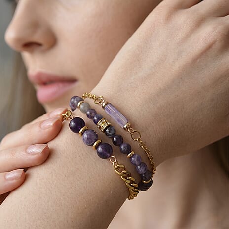 Set of 3 - African Amethyst Beads Adjustable Bracelet (Size - 7-2 Ext) in Yellow Gold Tone 50.00 Ct.