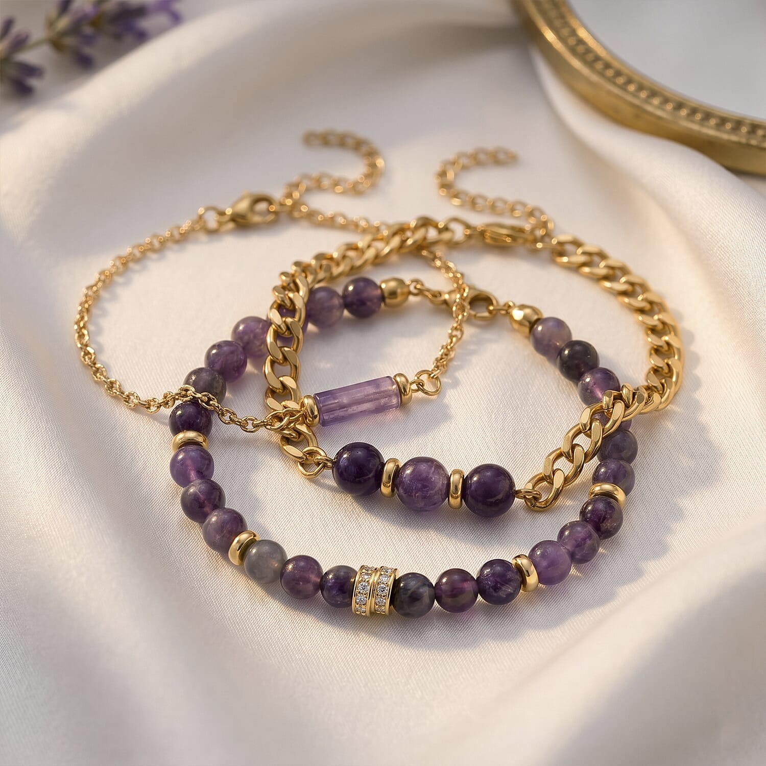 Set of 3 - African Amethyst Beads Adjustable Bracelet (Size - 7-2 Ext) in Yellow Gold Tone 50.00 Ct.