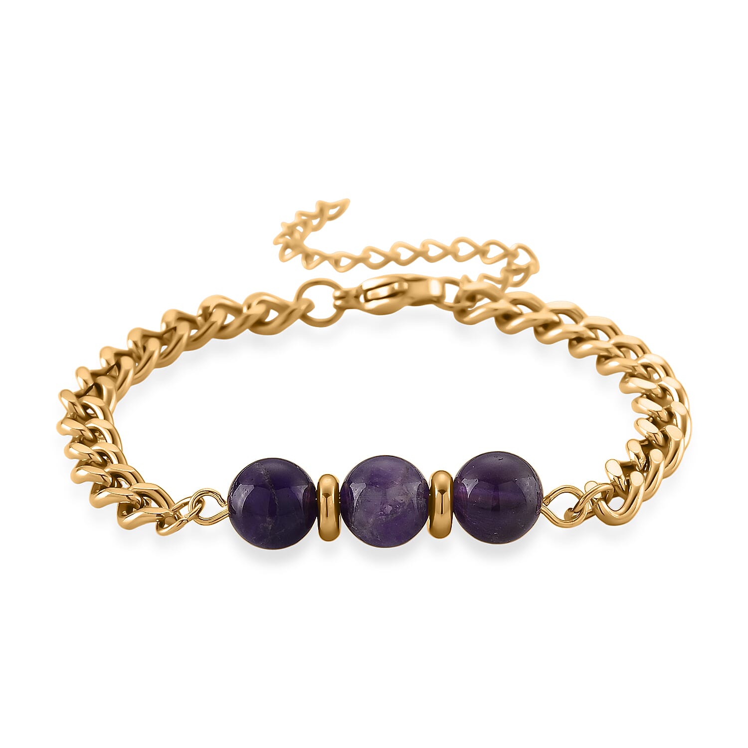 Set of 3 - African Amethyst Beads Adjustable Bracelet (Size - 7-2 Ext) in Yellow Gold Tone 50.00 Ct.