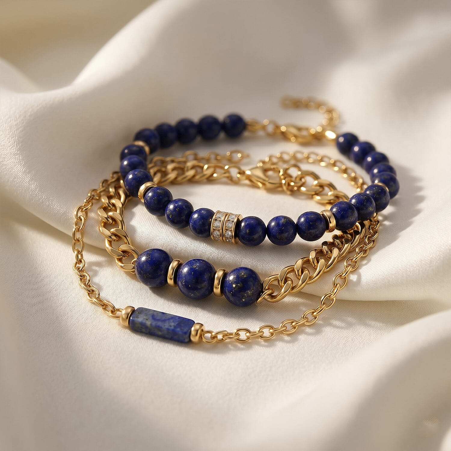 Set of 3 - Lapis Lazuli Beads Bracelet Adjustable Bracelet (Size - 7-2 Ext) 50.00 Ct.