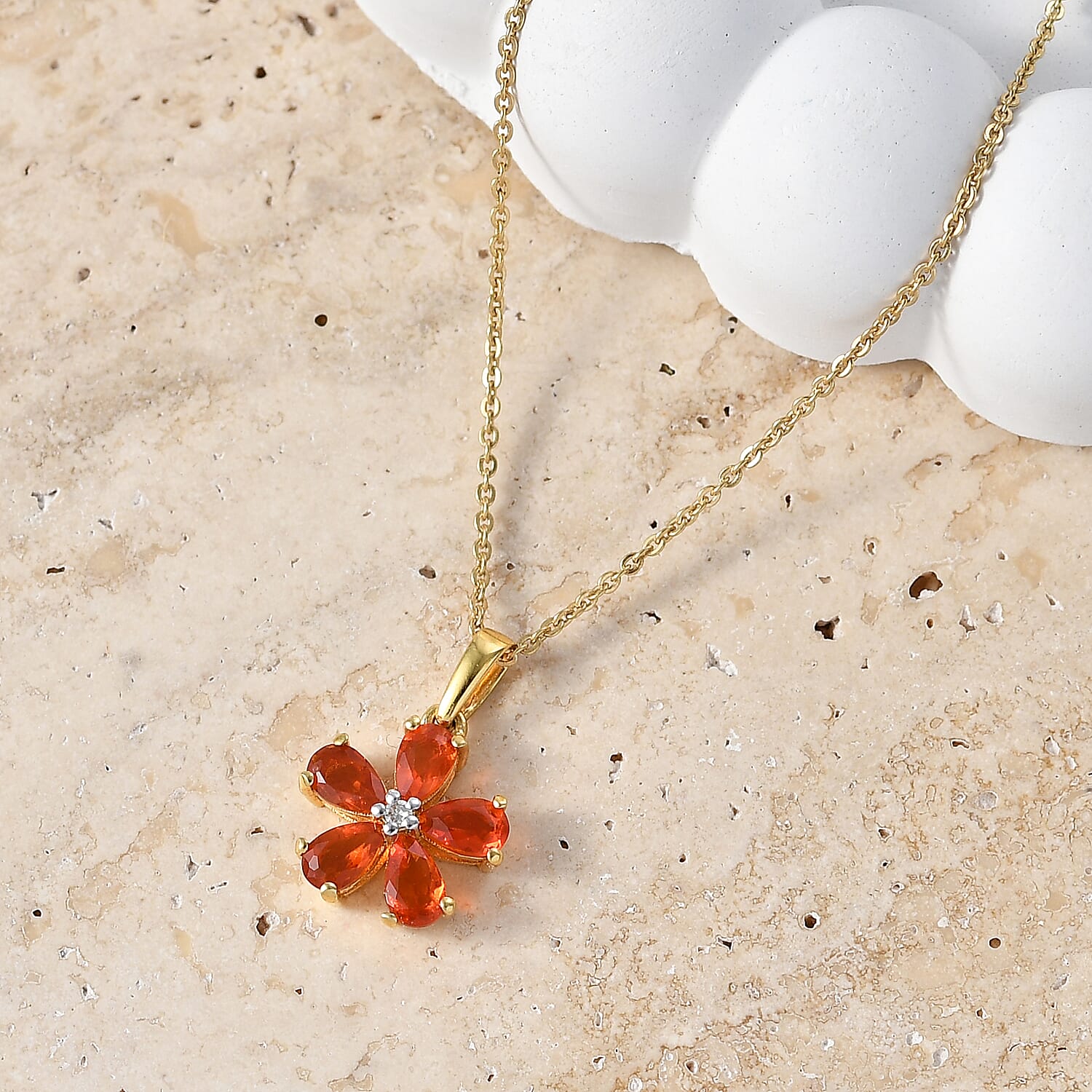 Luxuriant - Fire Opal & Lab Grown Diamond (SI-G-H) Pendant with Chain (Size 20) in Yellow Gold Plated Sterling Silver 0.70 Ct.