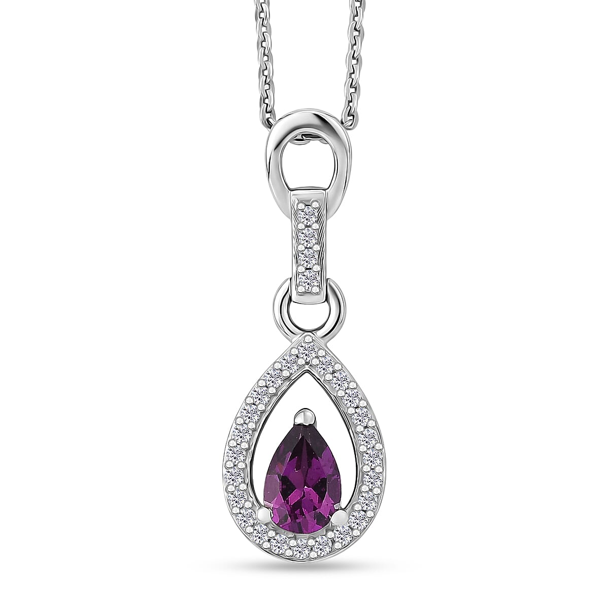 D'Joy - Radiant Ember Garnet & White Zircon Pear Cut Solitaire Pendant with Chain (Size 20) in Rhodium Overlay Sterling Silver
