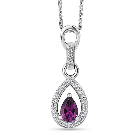D'Joy - Radiant Ember Garnet & White Zircon Pear Cut Solitaire Pendant with Chain (Size 20) in Rhodium Overlay Sterling Silver