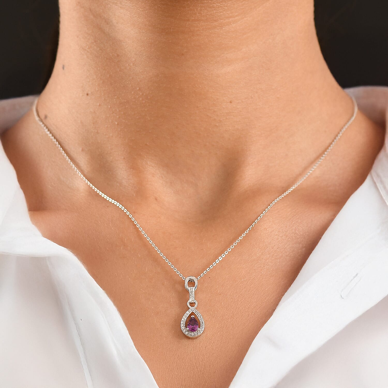 D'Joy - Radiant Ember Garnet & White Zircon Pear Cut Solitaire Pendant with Chain (Size 20) in Rhodium Overlay Sterling Silver