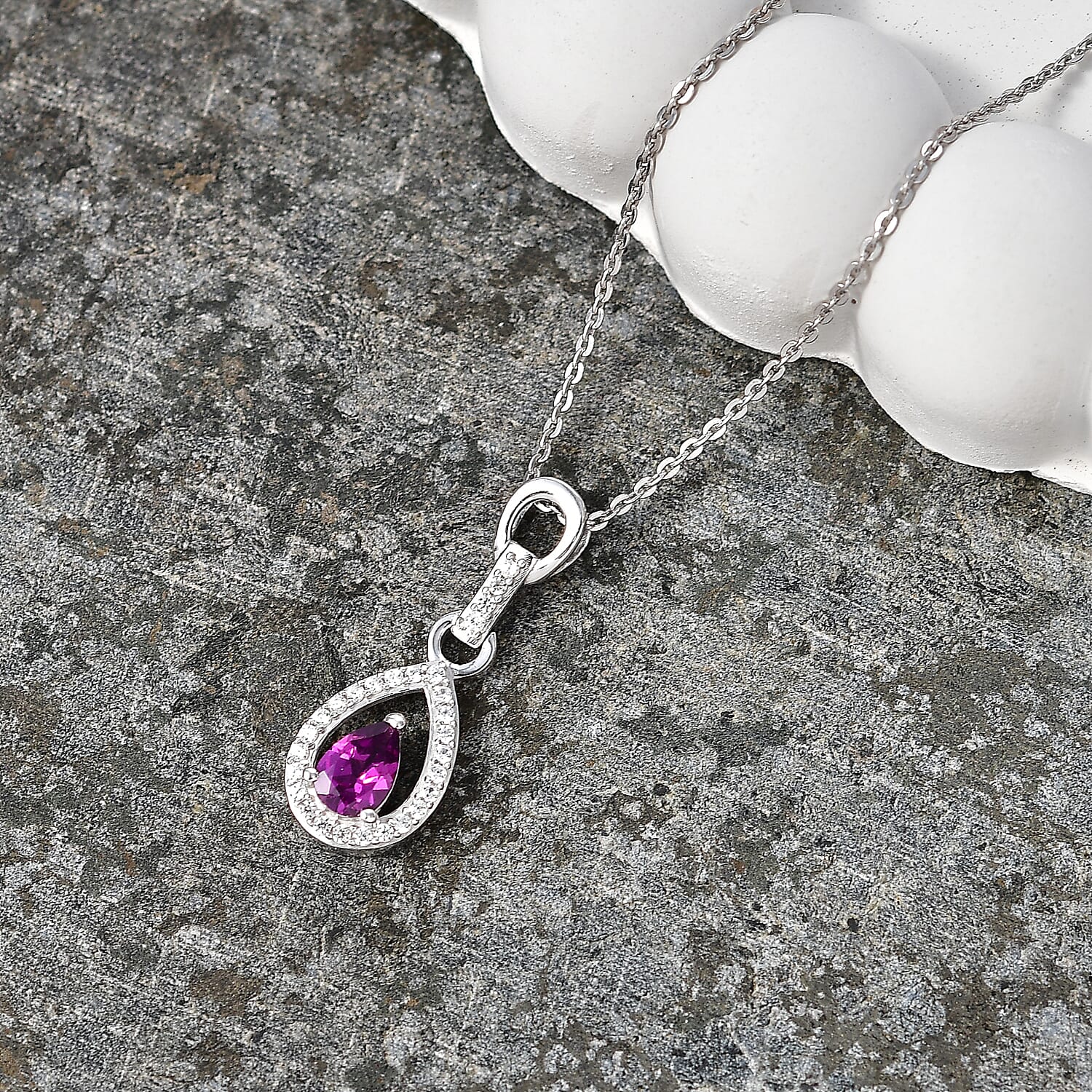 D'Joy - Radiant Ember Garnet & White Zircon Pear Cut Solitaire Pendant with Chain (Size 20) in Rhodium Overlay Sterling Silver