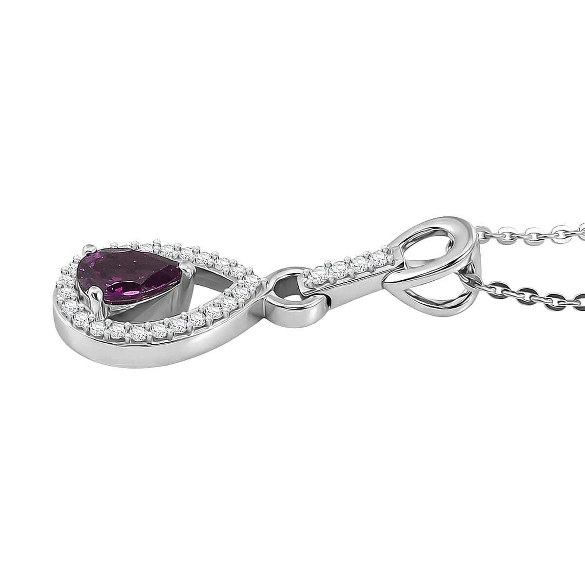 D'Joy - Radiant Ember Garnet & White Zircon Pear Cut Solitaire Pendant with Chain (Size 20) in Rhodium Overlay Sterling Silver