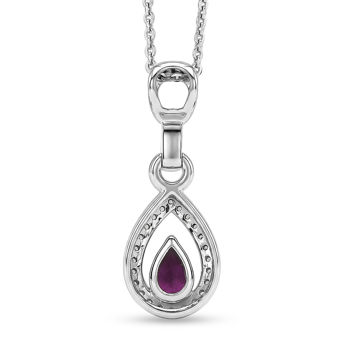 D'Joy - Radiant Ember Garnet & White Zircon Pear Cut Solitaire Pendant with Chain (Size 20) in Rhodium Overlay Sterling Silver