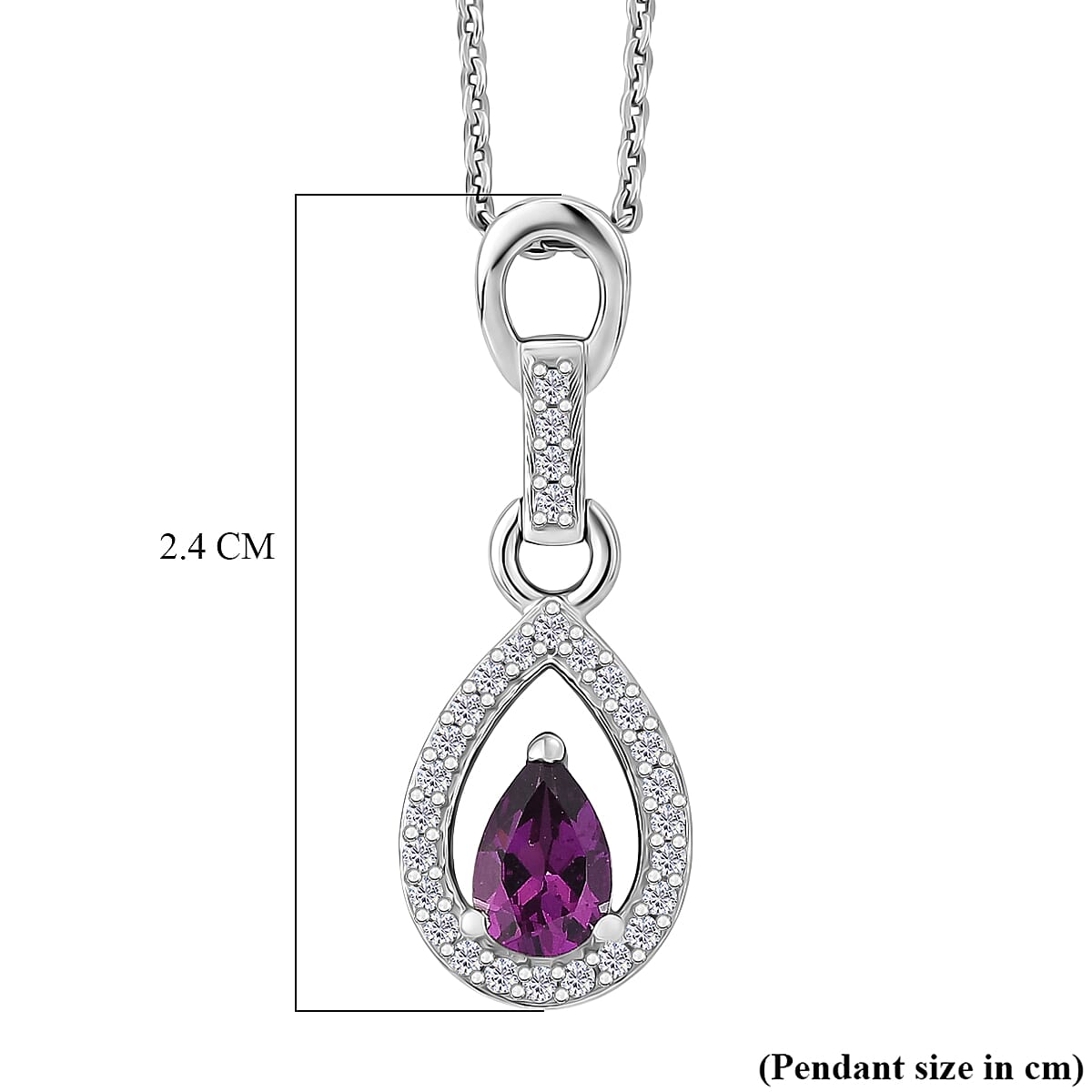 D'Joy - Radiant Ember Garnet & White Zircon Pear Cut Solitaire Pendant with Chain (Size 20) in Rhodium Overlay Sterling Silver