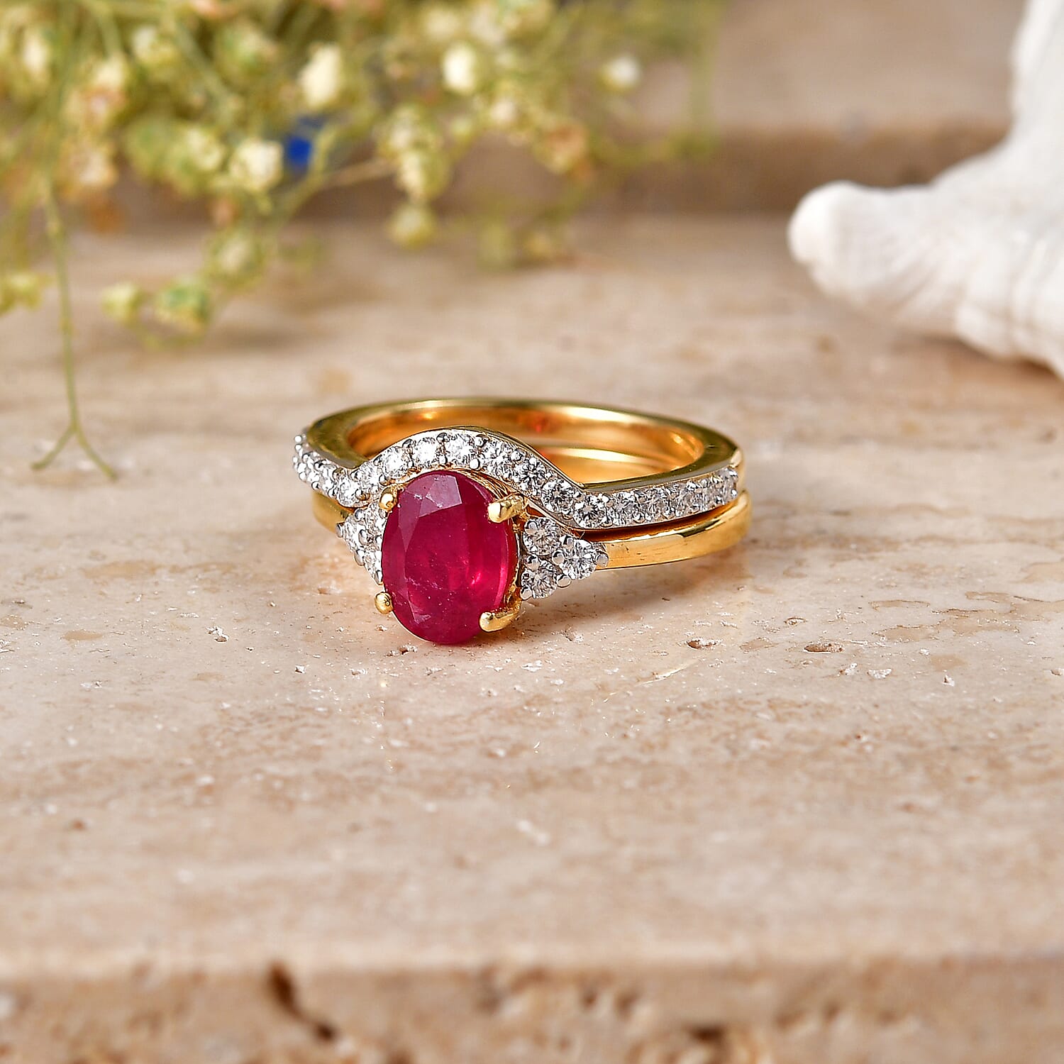 Set of 2 -  African Ruby,  Moissanite Stackable Ring in 18K YG Vermeil Sterling Silver 0.19 ct  Silver Wt. 5.3 Gms  2.470  Ct.