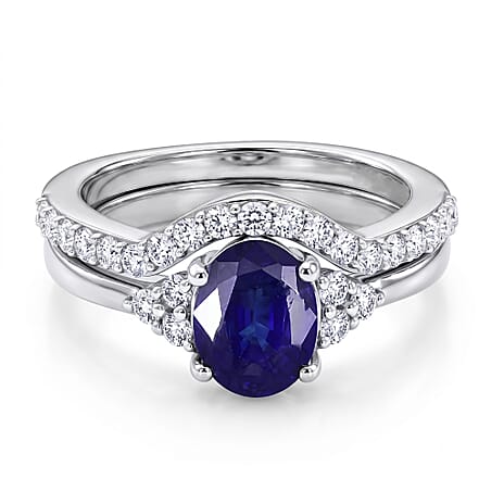 Set of 2 - Luxuriant Masoala Sapphire & Moissanite Ring in Rhodium Overlay Sterling Silver 2.50 Ct.
