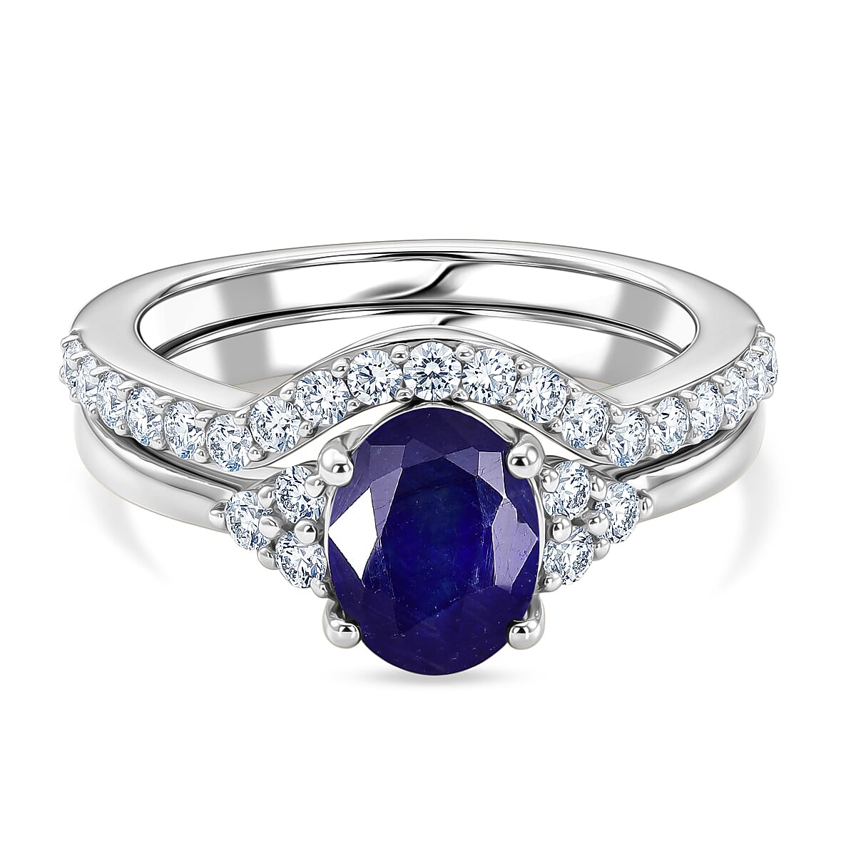 Set of 2 - Luxuriant Masoala Sapphire & Moissanite Ring in Rhodium Overlay Sterling Silver 2.50 Ct.