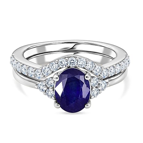 Set of 2 - Luxuriant Masoala Sapphire & Moissanite Ring in Rhodium Overlay Sterling Silver 2.50 Ct.