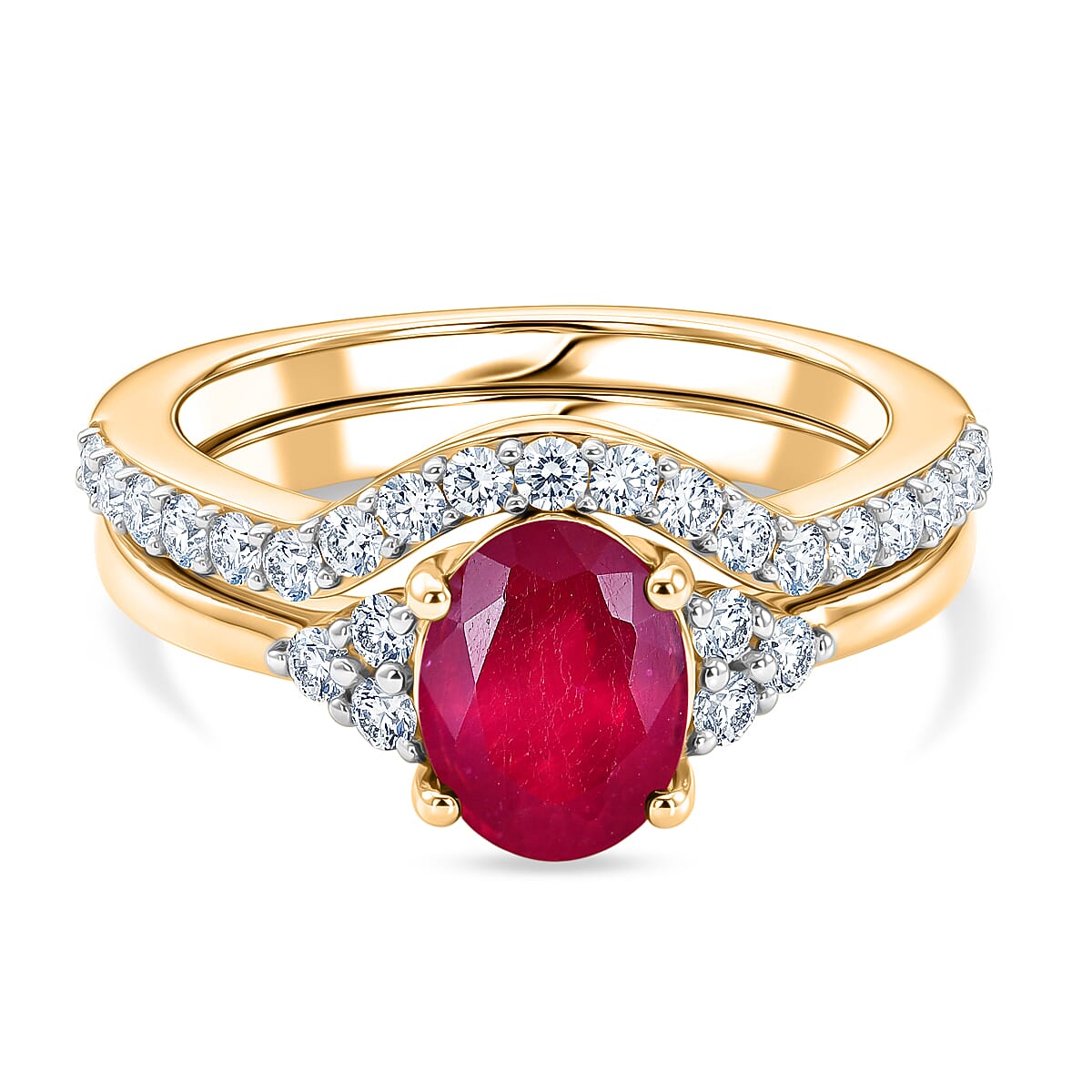 Set of 2 - Luxuriant African Ruby & Lab Grown Diamond (SI-G-H) Ring in 18K Vermeil Yellow Gold Plated Sterling Silver 2.40 Ct.