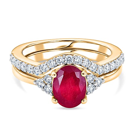 Set of 2 - Luxuriant African Ruby & Lab Grown Diamond (SI-G-H) Ring in 18K Vermeil Yellow Gold Plated Sterling Silver 2.40 Ct.