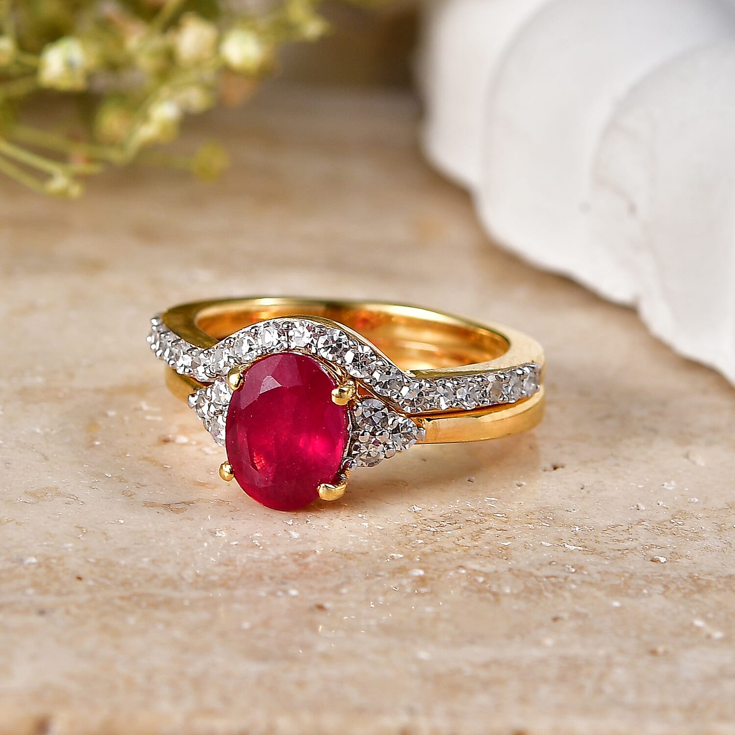 Set of 2 - Luxuriant African Ruby & Lab Grown Diamond (SI-G-H) Ring in 18K Vermeil Yellow Gold Plated Sterling Silver 2.40 Ct.