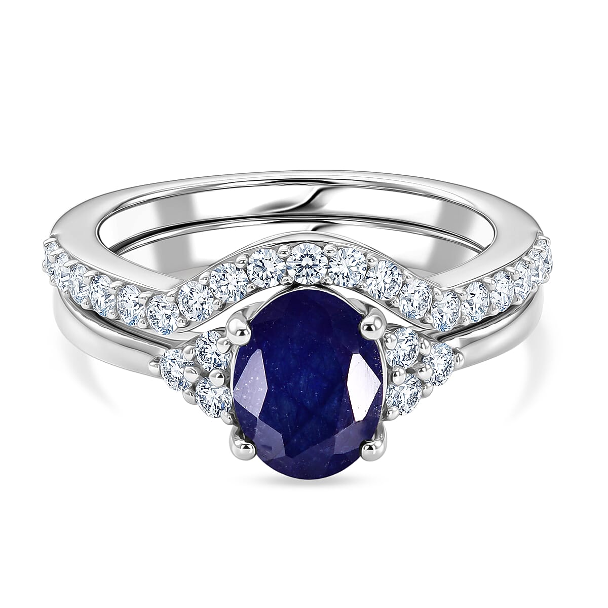 Set of 2 - Luxuriant Masoala Sapphire & Lab Grown Diamond (SI-G-H) Ring in Rhodium Overlay Sterling Silver 2.50 Ct.