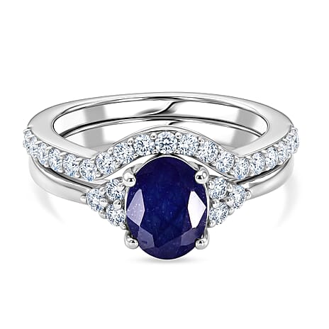 Set of 2 - Luxuriant Masoala Sapphire & Lab Grown Diamond (SI-G-H) Ring in Rhodium Overlay Sterling Silver 2.50 Ct.