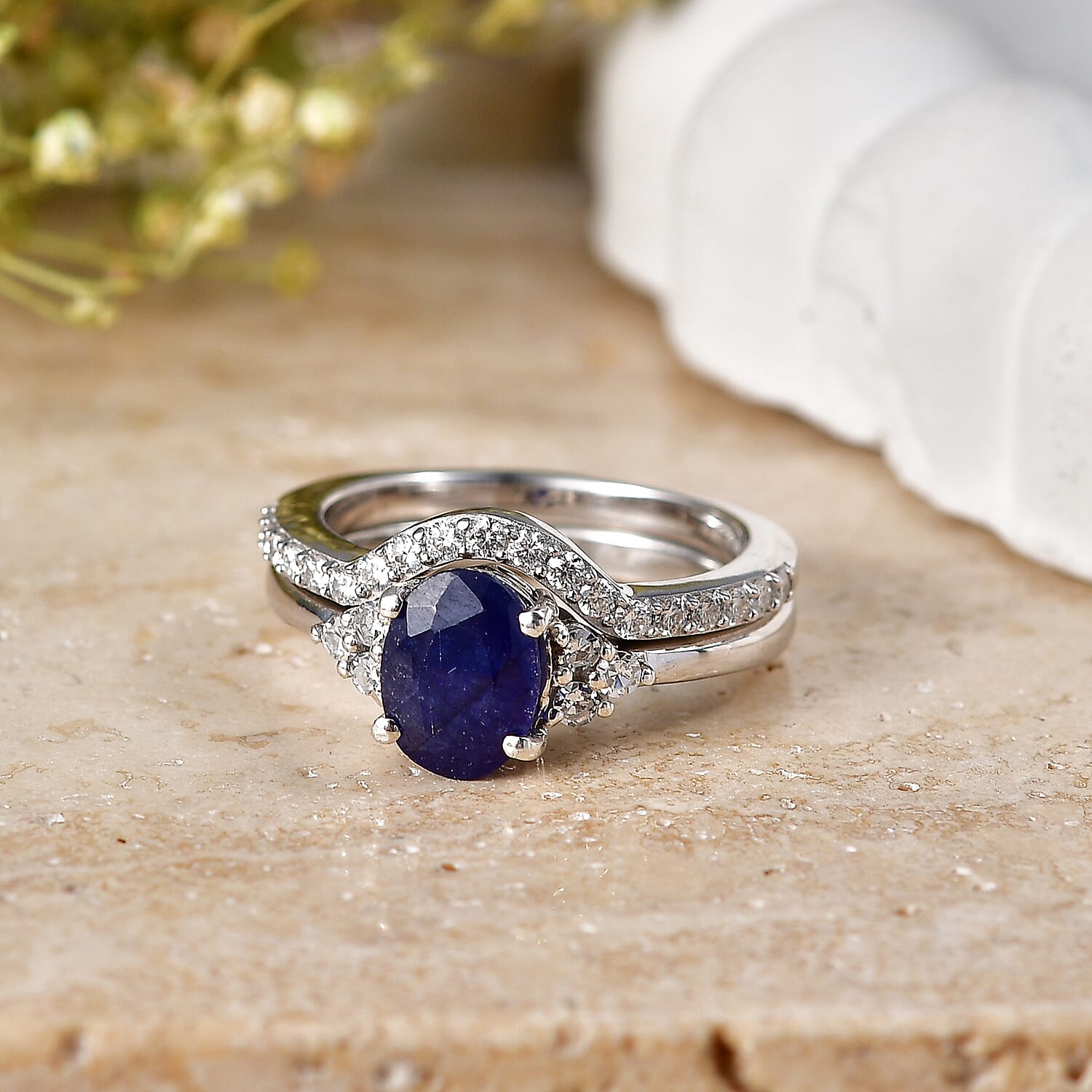 Set of 2 - Luxuriant Masoala Sapphire & Lab Grown Diamond (SI-G-H) Ring in Rhodium Overlay Sterling Silver 2.50 Ct.