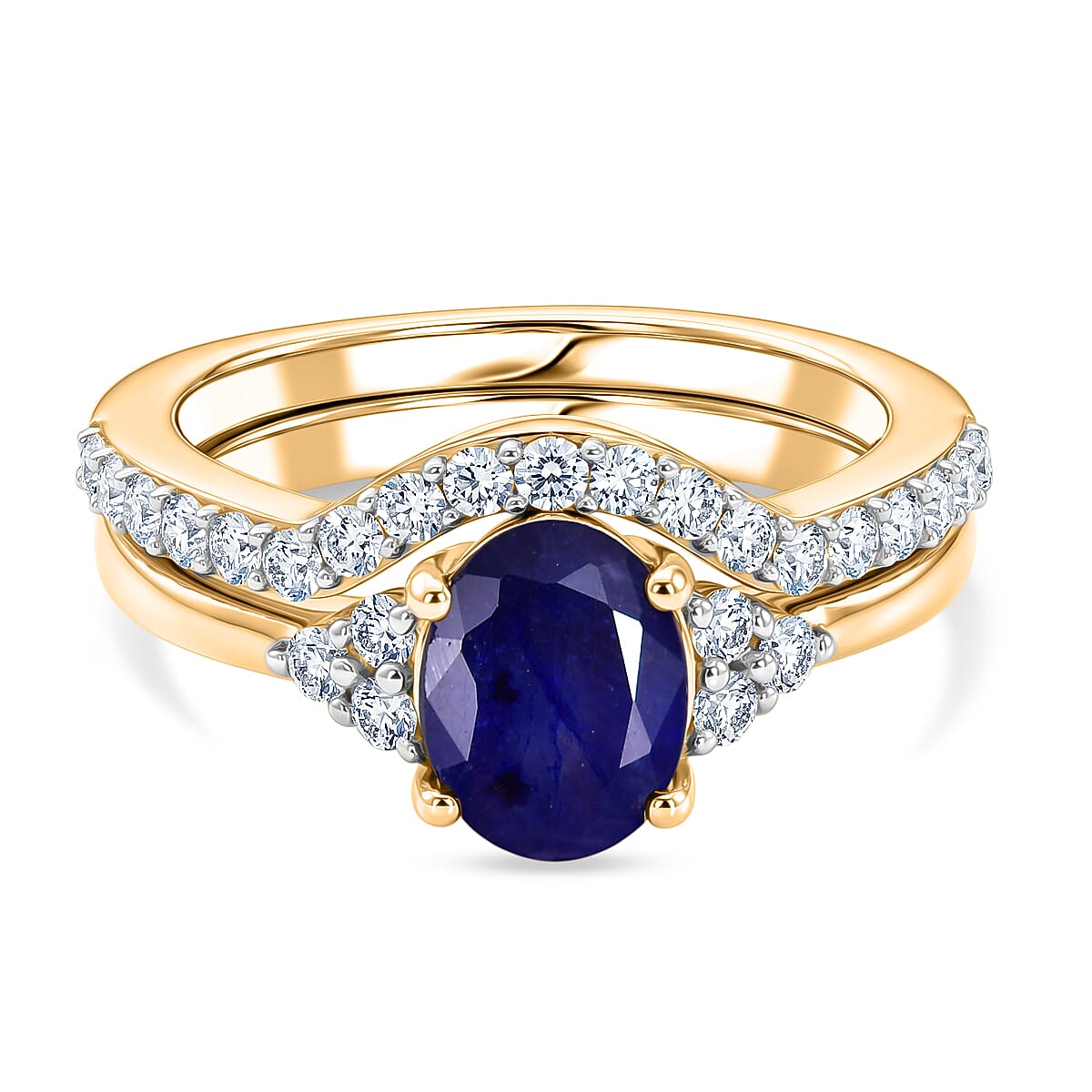 Set of 2 - Luxuriant Masoala Sapphire & Lab Grown Diamond (SI-G-H) Ring in 18K Vermeil Yellow Gold Plated Sterling Silver 2.50 Ct.