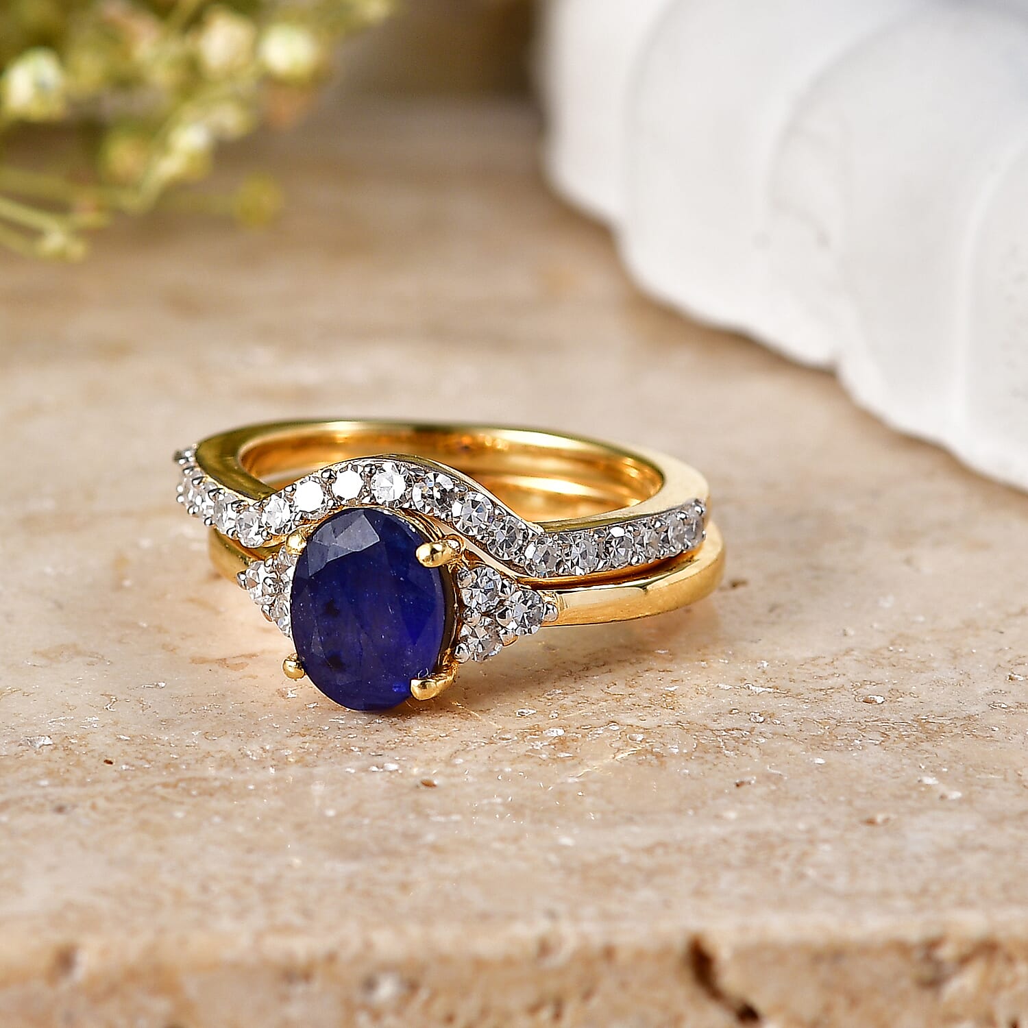 Set of 2 - Luxuriant Masoala Sapphire & Lab Grown Diamond (SI-G-H) Ring in 18K Vermeil Yellow Gold Plated Sterling Silver 2.50 Ct.