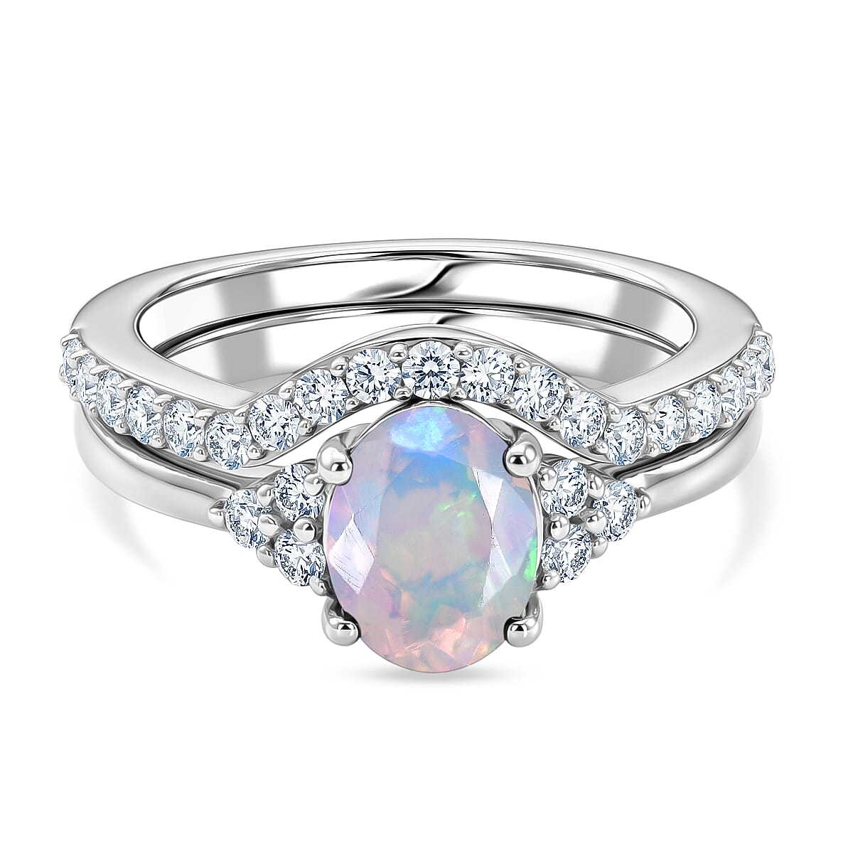Set of 2 - Luxuriant Ethiopian Opal & Lab Grown Diamond (SI-G-H) Ring in Rhodium Overlay Sterling Silver 1.25 Ct.