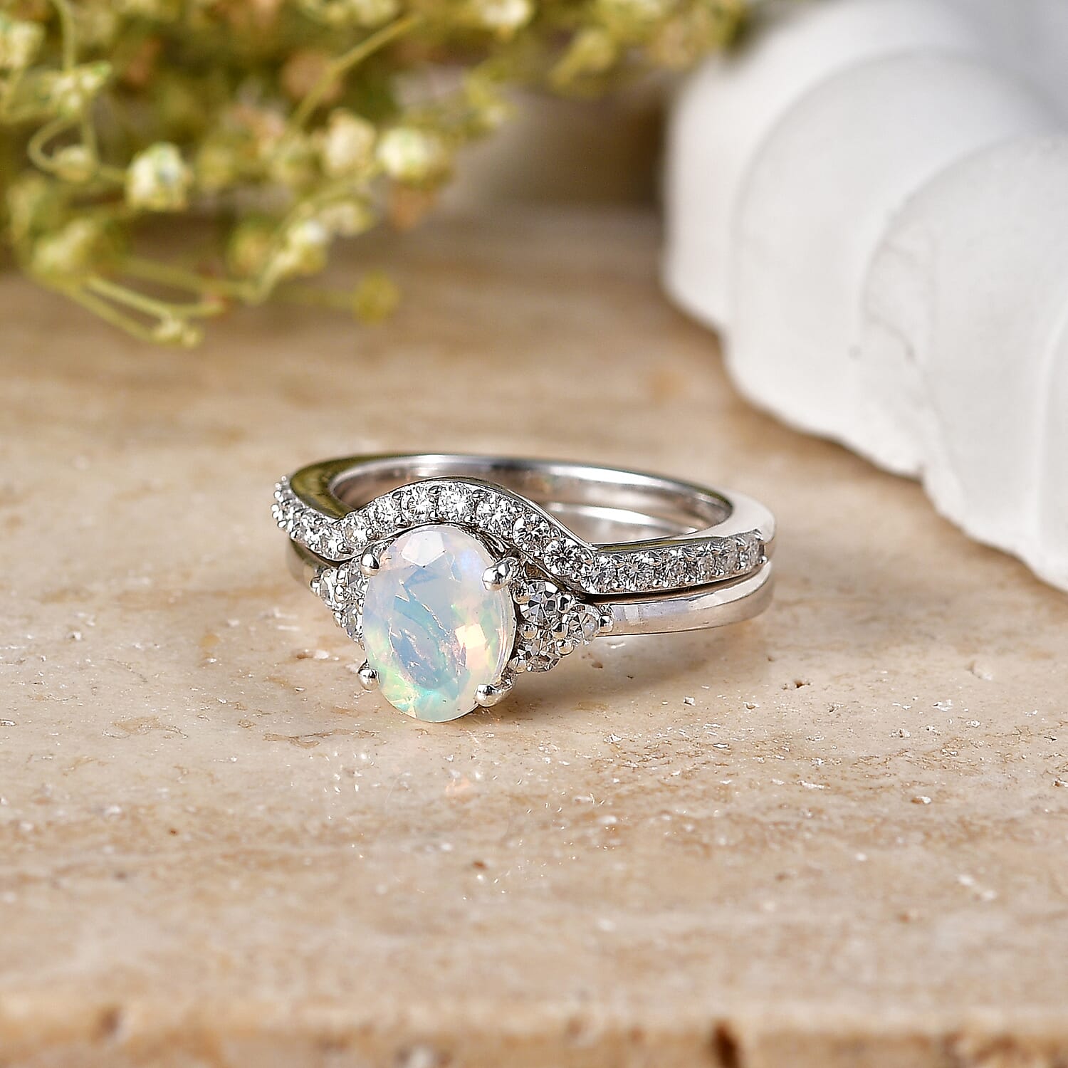 Set of 2 - Luxuriant Ethiopian Opal & Lab Grown Diamond (SI-G-H) Ring in Rhodium Overlay Sterling Silver 1.25 Ct.