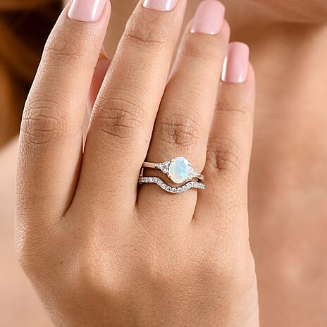Set of 2 - Luxuriant Ethiopian Opal & Lab Grown Diamond (SI-G-H) Ring in Rhodium Overlay Sterling Silver 1.25 Ct.