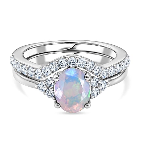 Set of 2 - Luxuriant Ethiopian Opal & Lab Grown Diamond (SI-G-H) Ring in Rhodium Overlay Sterling Silver 1.25 Ct.