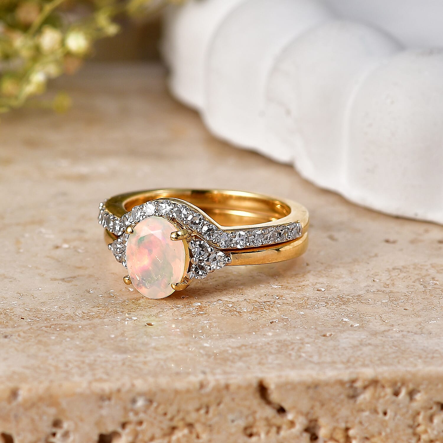 Set of 2 - Luxuriant Ethiopian Opal & Lab Grown Diamond (SI-G-H) Ring in 18K Vermeil Yellow Gold Plated Sterling Silver 1.25 Ct.