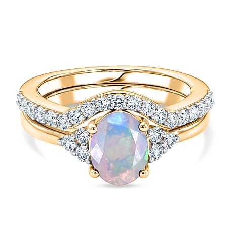 Set of 2 - Luxuriant Ethiopian Opal & Lab Grown Diamond (SI-G-H) Ring in 18K Vermeil Yellow Gold Plated Sterling Silver 1.25 Ct.