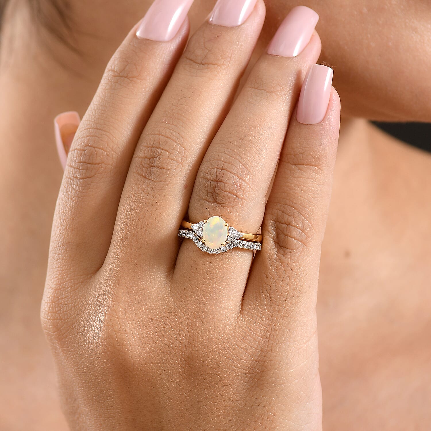 Set of 2 - Luxuriant Ethiopian Opal & Lab Grown Diamond (SI-G-H) Ring in 18K Vermeil Yellow Gold Plated Sterling Silver 1.25 Ct.