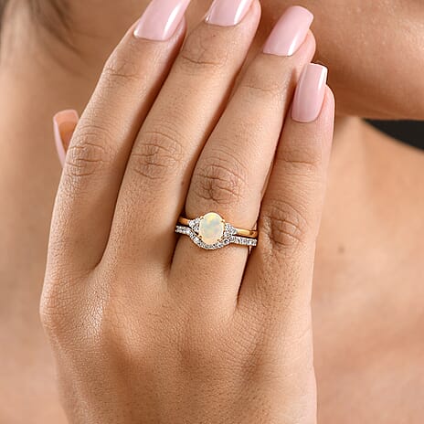 Set of 2 - Luxuriant Ethiopian Opal & Lab Grown Diamond (SI-G-H) Ring in 18K Vermeil Yellow Gold Plated Sterling Silver 1.25 Ct.