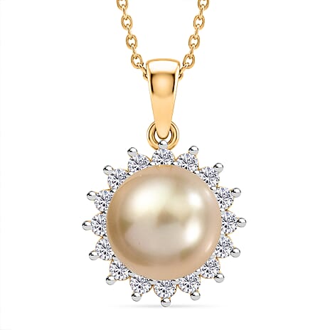 Luxuriant - Golden South Sea Pearl & Lab Grown Diamond (SI-G-H) Halo Pendant with Chain (Size 20) in 18K Vermeil Yellow Gold Plated Sterling Silver 7.85 Ct.
