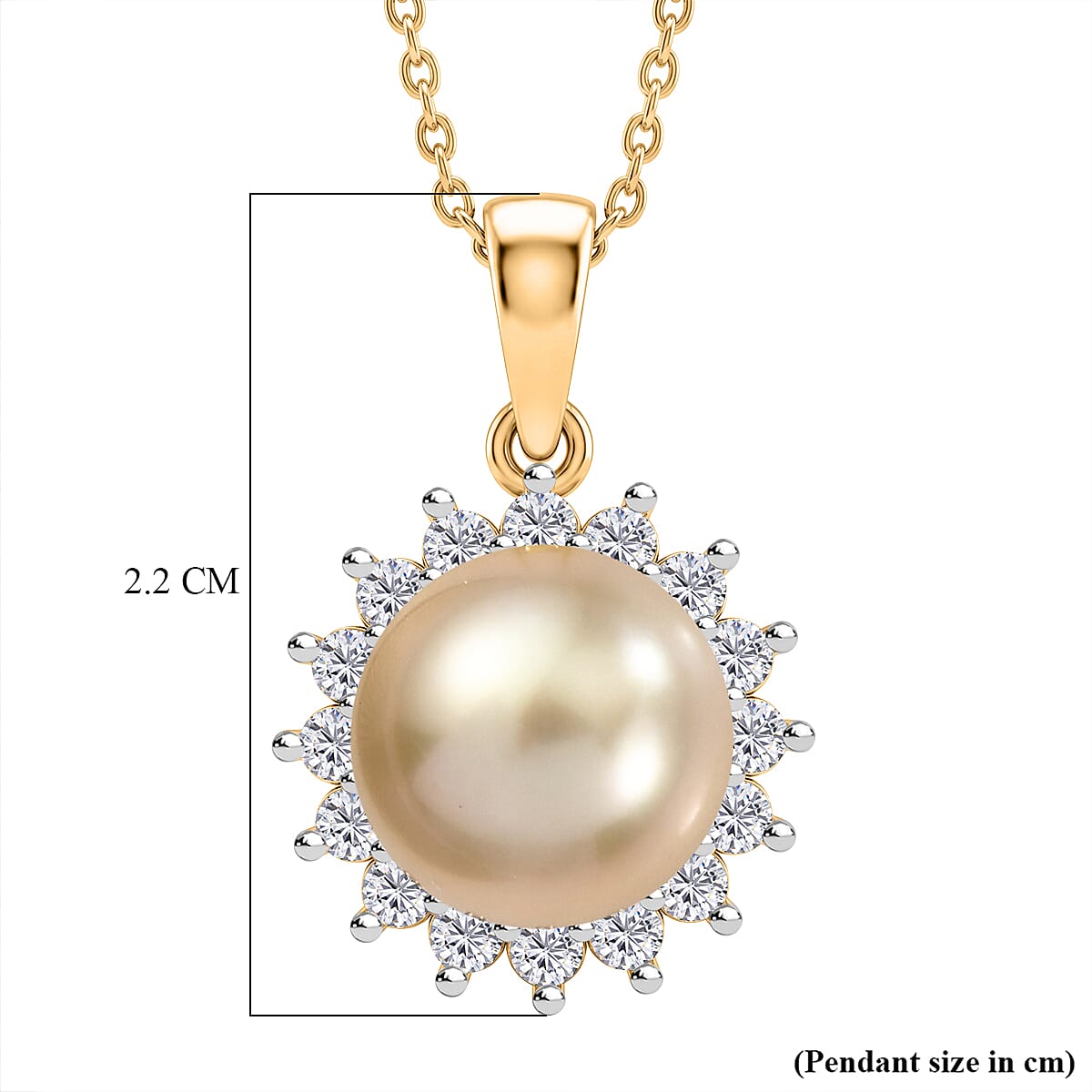 Luxuriant - Golden South Sea Pearl & Lab Grown Diamond (SI-G-H) Halo Pendant with Chain (Size 20) in 18K Vermeil Yellow Gold Plated Sterling Silver 7.85 Ct.