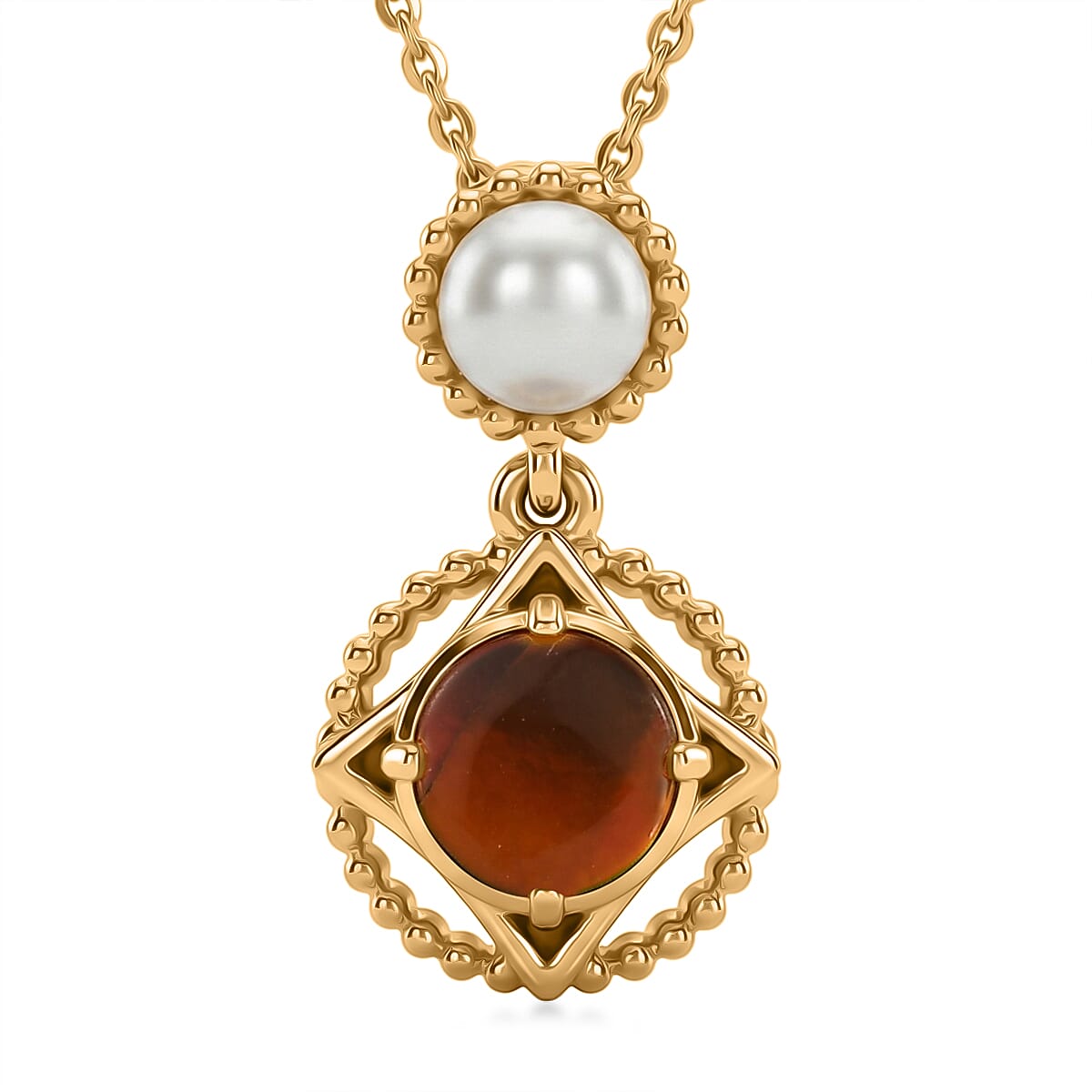 D'Joy - Ammolite & Fresh Water Pearl Pendant with Chain (Size 20) in 18K Vermeil Yellow Gold Plated Sterling Silver 1.50 Ct.