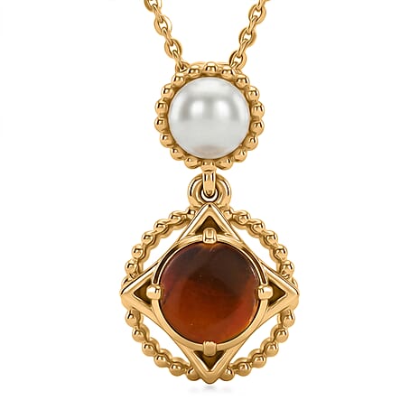 D'Joy - Ammolite & Fresh Water Pearl Pendant with Chain (Size 20) in 18K Vermeil Yellow Gold Plated Sterling Silver 1.50 Ct.