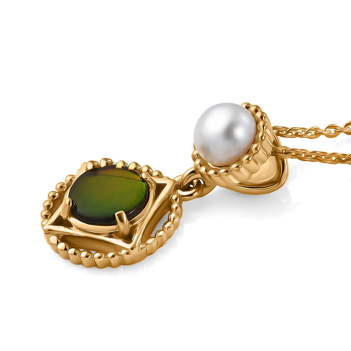 D'Joy - Ammolite & Fresh Water Pearl Pendant with Chain (Size 20) in 18K Vermeil Yellow Gold Plated Sterling Silver 1.50 Ct.