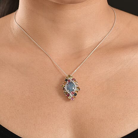 D'Joy - Boulder Opal Multi-Tourmaline & White Zircon Pendant with Chain (Size 20) in Rhodium Overlay Sterling Silver 6.40 Ct.