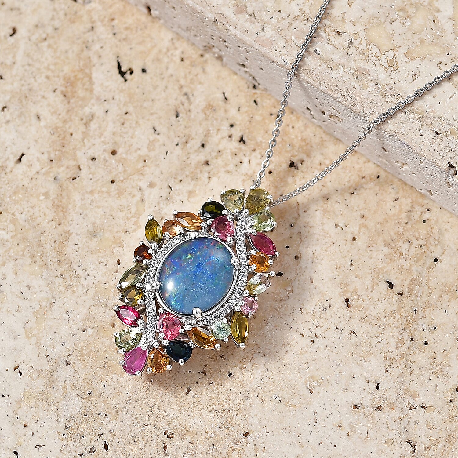 D'Joy - Boulder Opal Triplet, Multi-Tourmaline & White Zircon Pendant with Chain (Size 20) in Rhodium Overlay Sterling Silver 6.40 Ct.