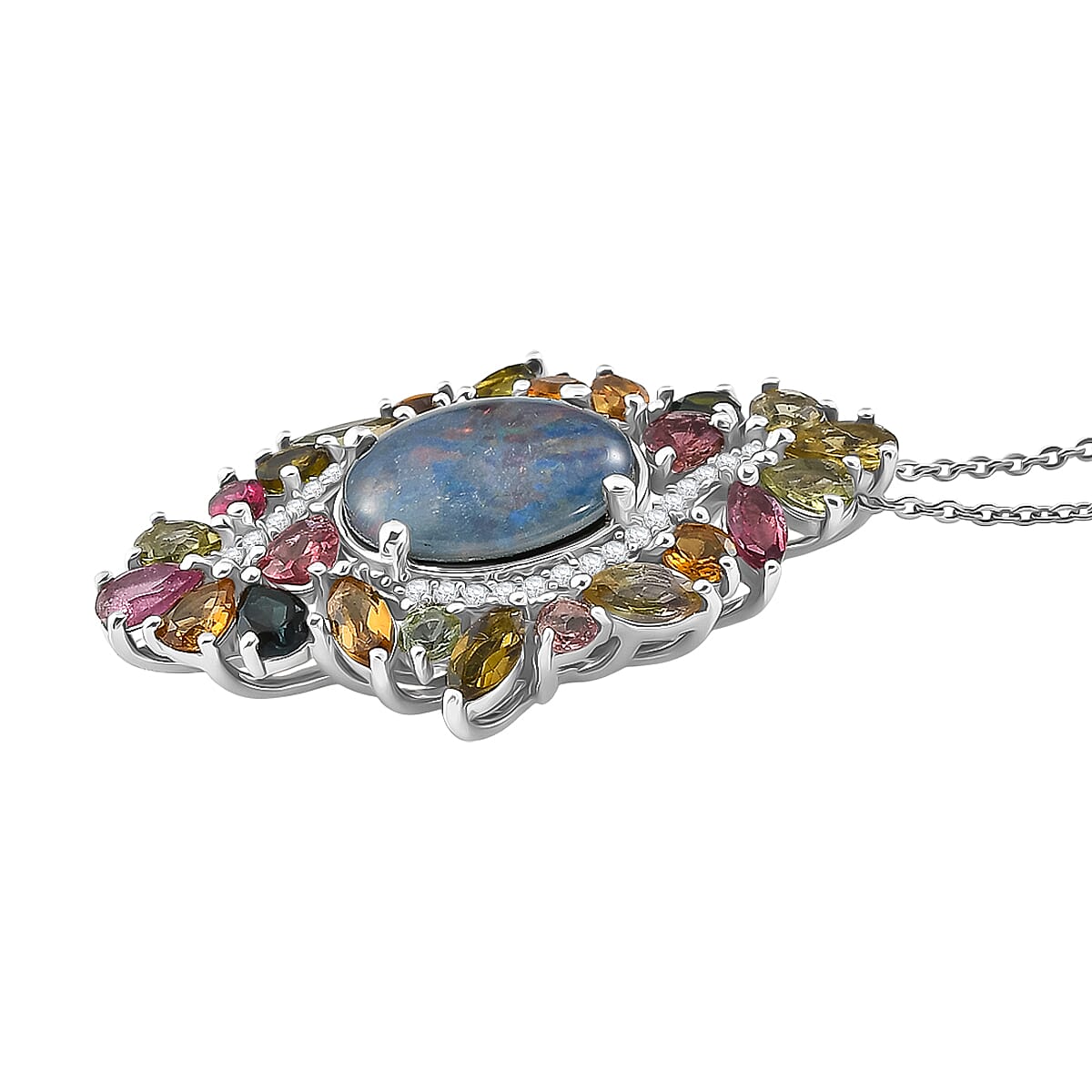 D'Joy - Boulder Opal Triplet, Multi-Tourmaline & White Zircon Pendant with Chain (Size 20) in Rhodium Overlay Sterling Silver 6.40 Ct.