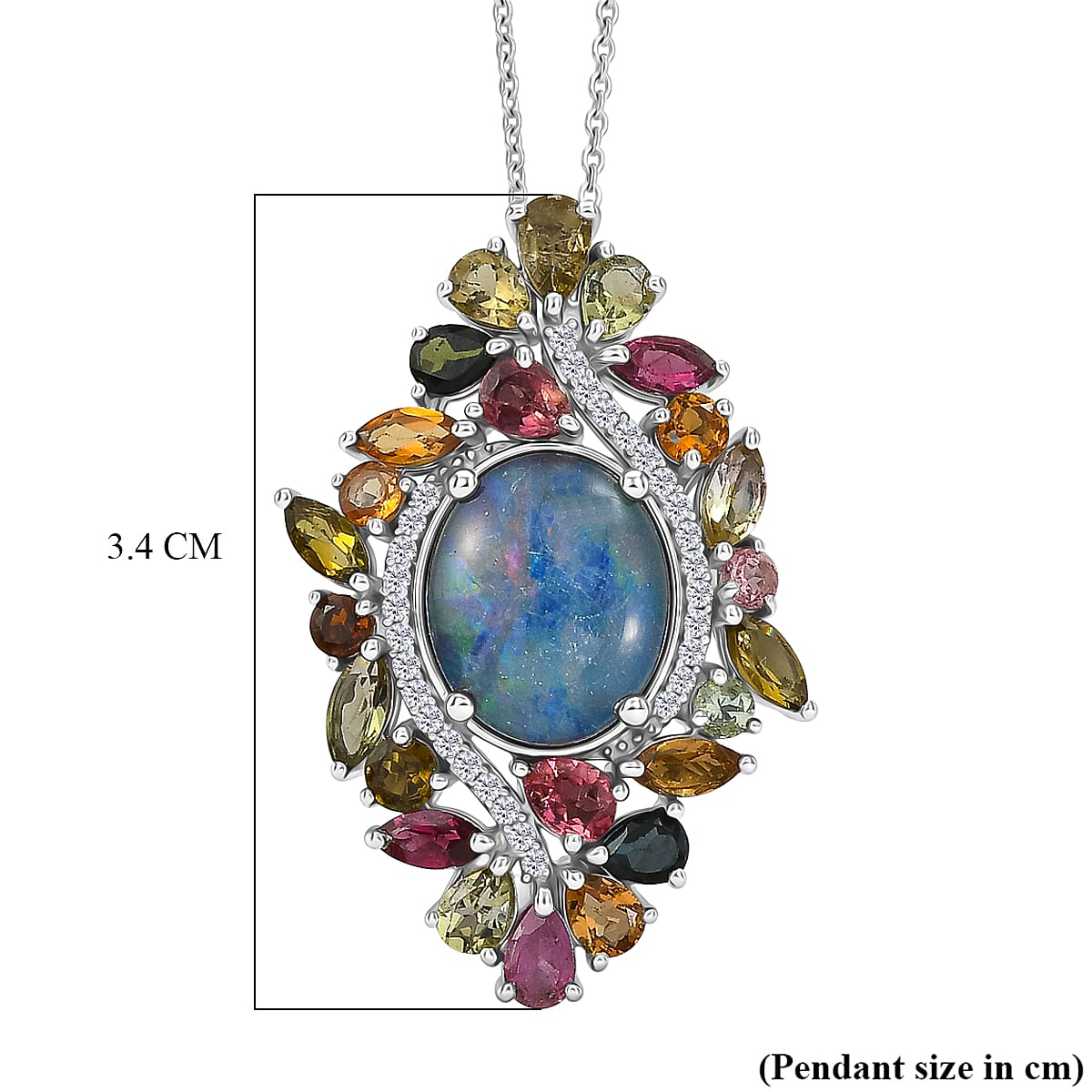 D'Joy - Boulder Opal Triplet, Multi-Tourmaline & White Zircon Pendant with Chain (Size 20) in Rhodium Overlay Sterling Silver 6.40 Ct.