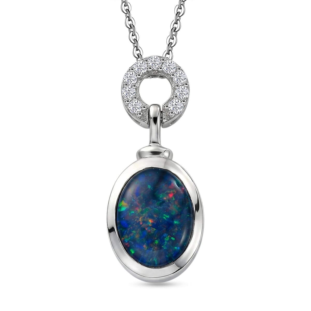 D'Joy - Boulder Opal Triplet & White Zircon Pendant with Chain (Size 20) in Rhodium Overlay Sterling Silver 1.35 Ct