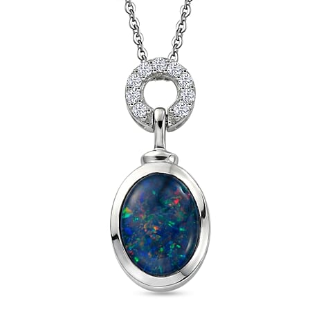 D'Joy - Boulder Opal Triplet & White Zircon Pendant with Chain (Size 20) in Rhodium Overlay Sterling Silver 1.35 Ct