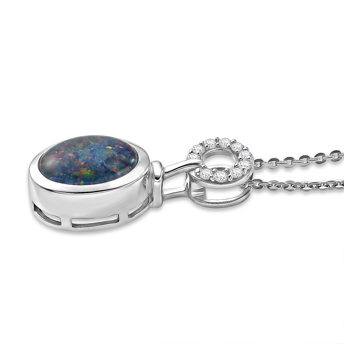 D'Joy - Boulder Opal Triplet & White Zircon Pendant with Chain (Size 20) in Rhodium Overlay Sterling Silver 1.35 Ct